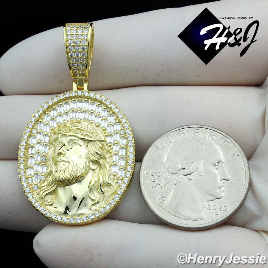 925 Sterling Silver Baguette CZ 3D Jesus Face Oval Pendant | Gold & Silver | P385