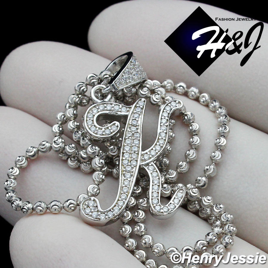 925 Sterling Silver CZ Initial Letter Pendant Necklace Set | Moon Cut Chain | Men & Women | SP175