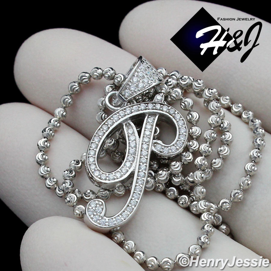 925 Sterling Silver CZ Initial Letter Pendant Necklace Set | Moon Cut Chain | Men & Women | SP175