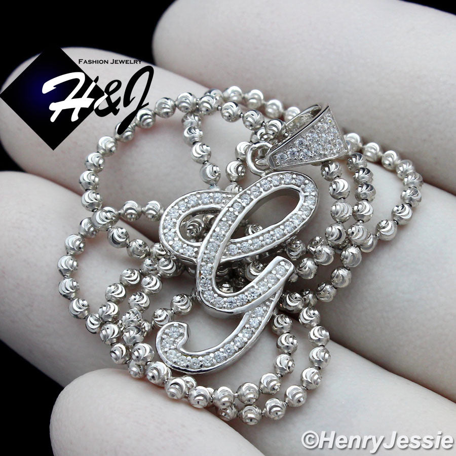 925 Sterling Silver CZ Initial Letter Pendant Necklace Set | Moon Cut Chain | Men & Women | SP175