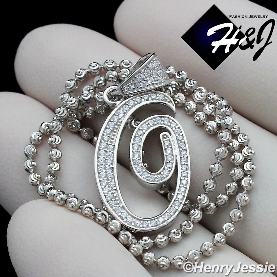 925 Sterling Silver CZ Initial Letter Pendant Necklace Set | Moon Cut Chain | Men & Women | SP175