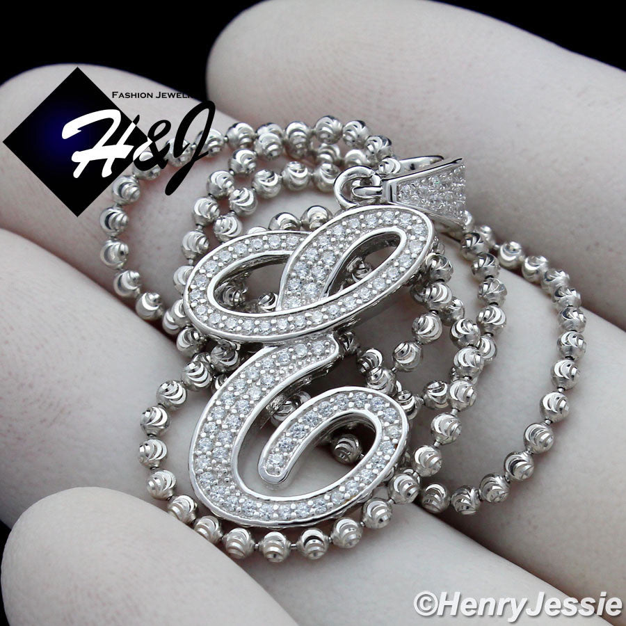 925 Sterling Silver CZ Initial Letter Pendant Necklace Set | Moon Cut Chain | Men & Women | SP175
