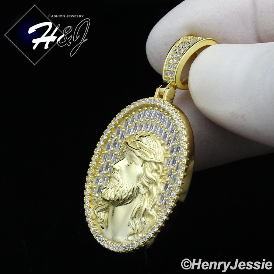 925 Sterling Silver Baguette CZ 3D Jesus Face Oval Pendant | Gold & Silver | P385