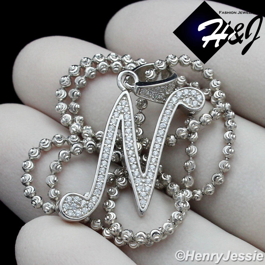 925 Sterling Silver CZ Initial Letter Pendant Necklace Set | Moon Cut Chain | Men & Women | SP175