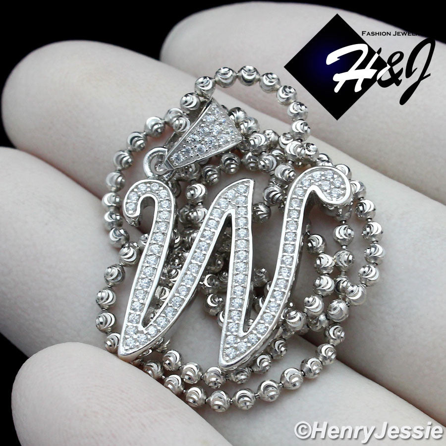 925 Sterling Silver CZ Initial Letter Pendant Necklace Set | Moon Cut Chain | Men & Women | SP175