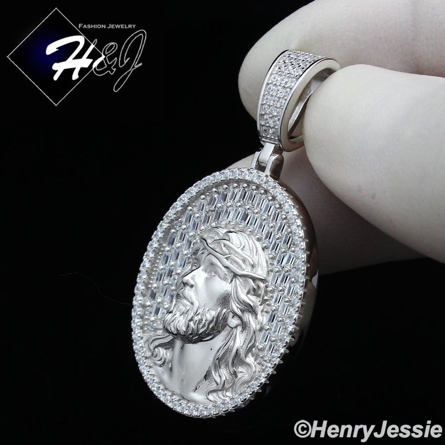 925 Sterling Silver Baguette CZ 3D Jesus Face Oval Pendant | Gold & Silver | P385