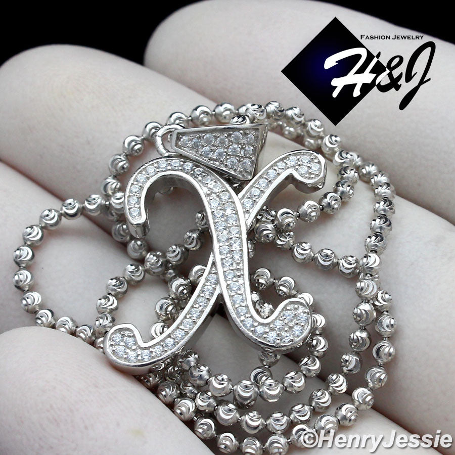 925 Sterling Silver CZ Initial Letter Pendant Necklace Set | Moon Cut Chain | Men & Women | SP175