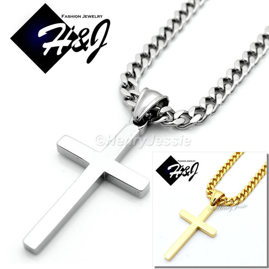 Men's 316L Stainless Steel Cuban Curb Chain & Cross Pendant Set | Silver Gold Black | 18"-36" | P29