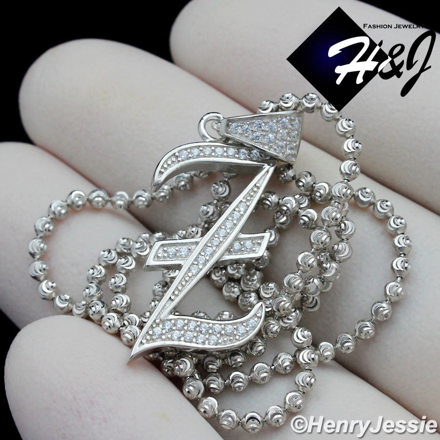 925 Sterling Silver CZ Initial Letter Pendant Necklace Set | Moon Cut Chain | Men & Women | SP175