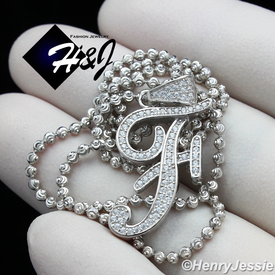 925 Sterling Silver CZ Initial Letter Pendant Necklace Set | Moon Cut Chain | Men & Women | SP175