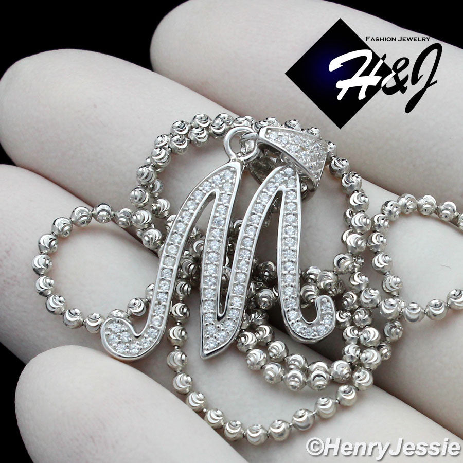 925 Sterling Silver CZ Initial Letter Pendant Necklace Set | Moon Cut Chain | Men & Women | SP175