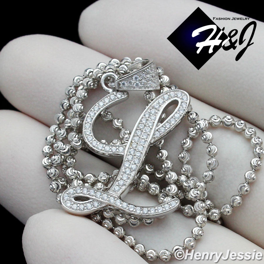 925 Sterling Silver CZ Initial Letter Pendant Necklace Set | Moon Cut Chain | Men & Women | SP175