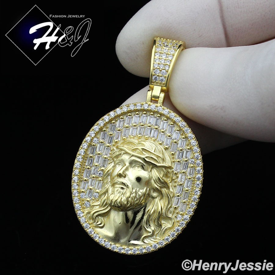 925 Sterling Silver Baguette CZ 3D Jesus Face Oval Pendant | Gold & Silver | P385