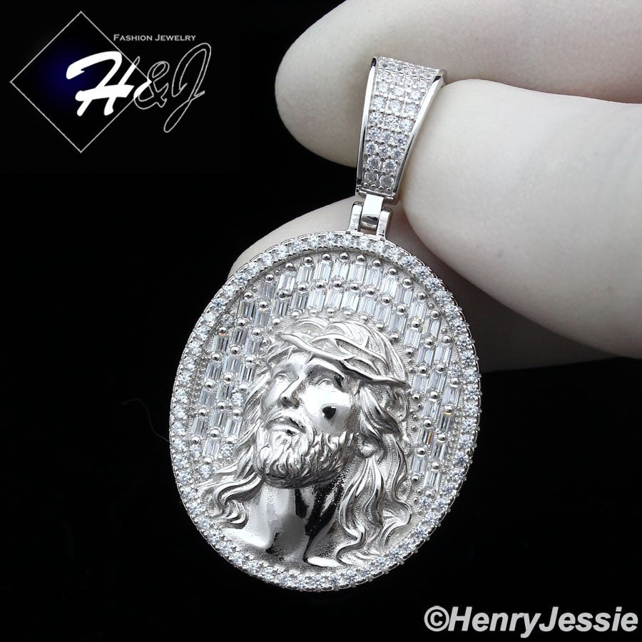 925 Sterling Silver Baguette CZ 3D Jesus Face Oval Pendant | Gold & Silver | P385