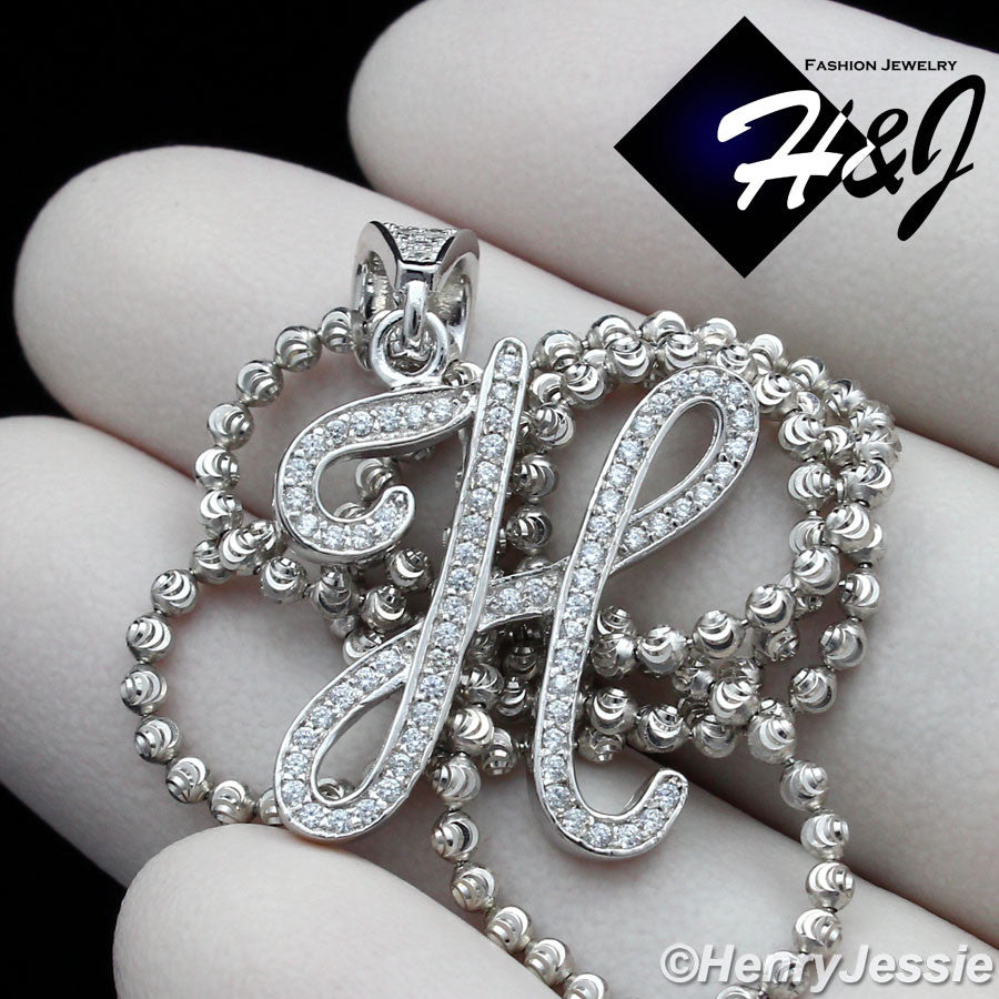 925 Sterling Silver CZ Initial Letter Pendant Necklace Set | Moon Cut Chain | Men & Women | SP175