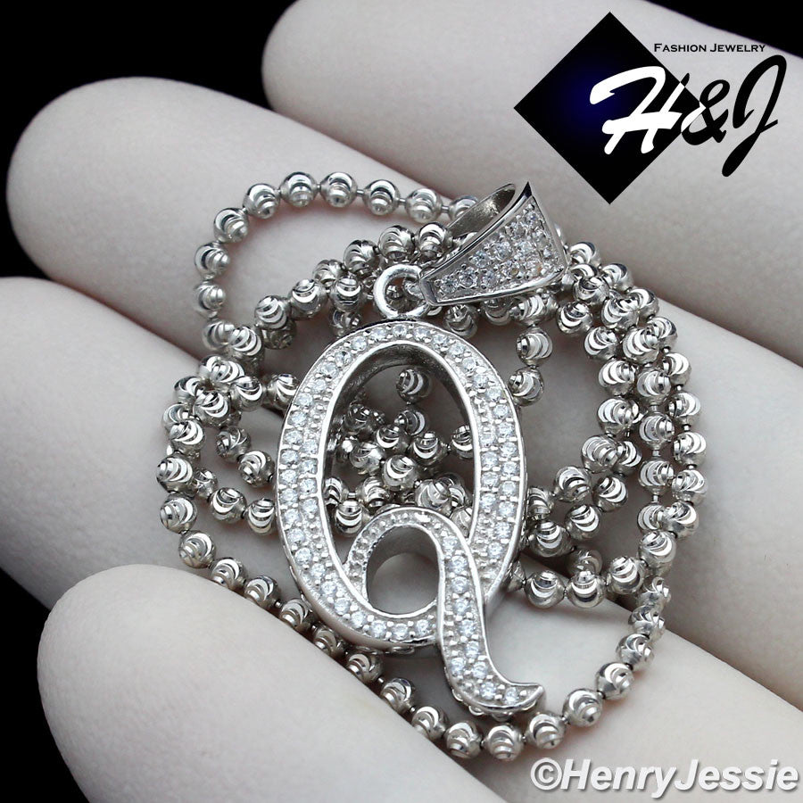 925 Sterling Silver CZ Initial Letter Pendant Necklace Set | Moon Cut Chain | Men & Women | SP175