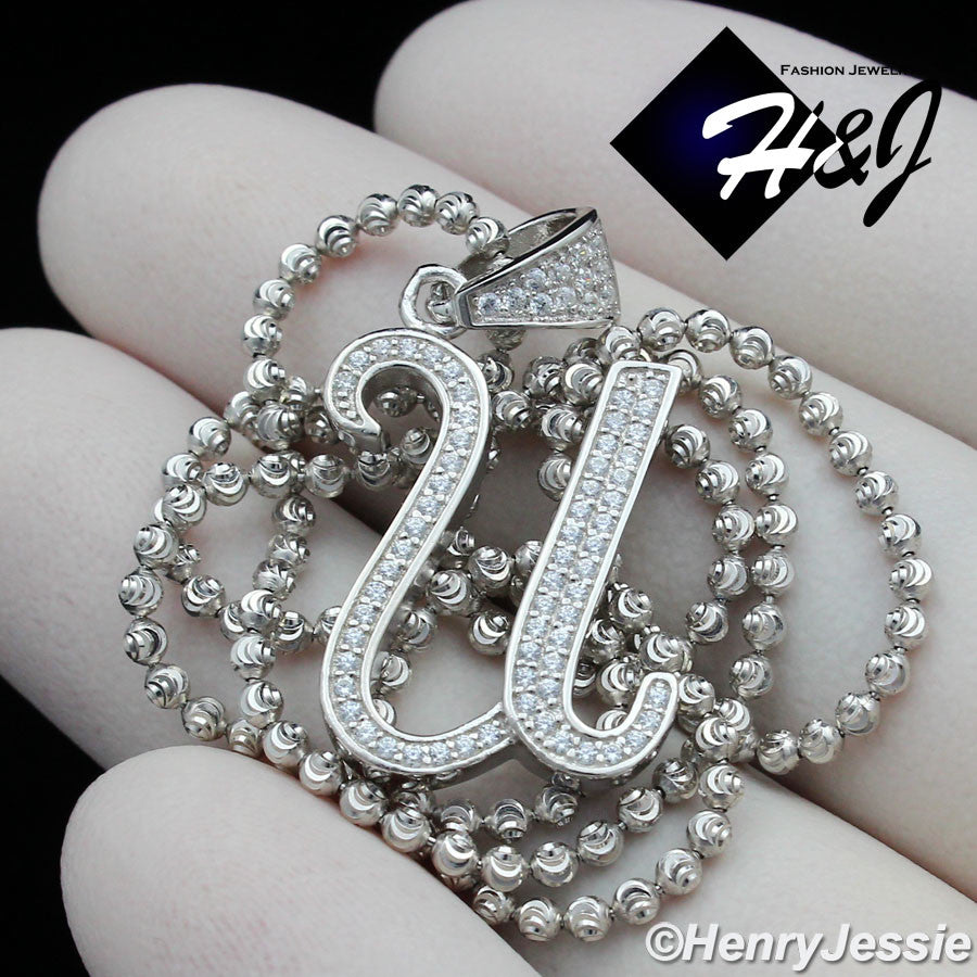 925 Sterling Silver CZ Initial Letter Pendant Necklace Set | Moon Cut Chain | Men & Women | SP175
