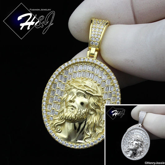 925 Sterling Silver Baguette CZ 3D Jesus Face Oval Pendant | Gold & Silver | P385
