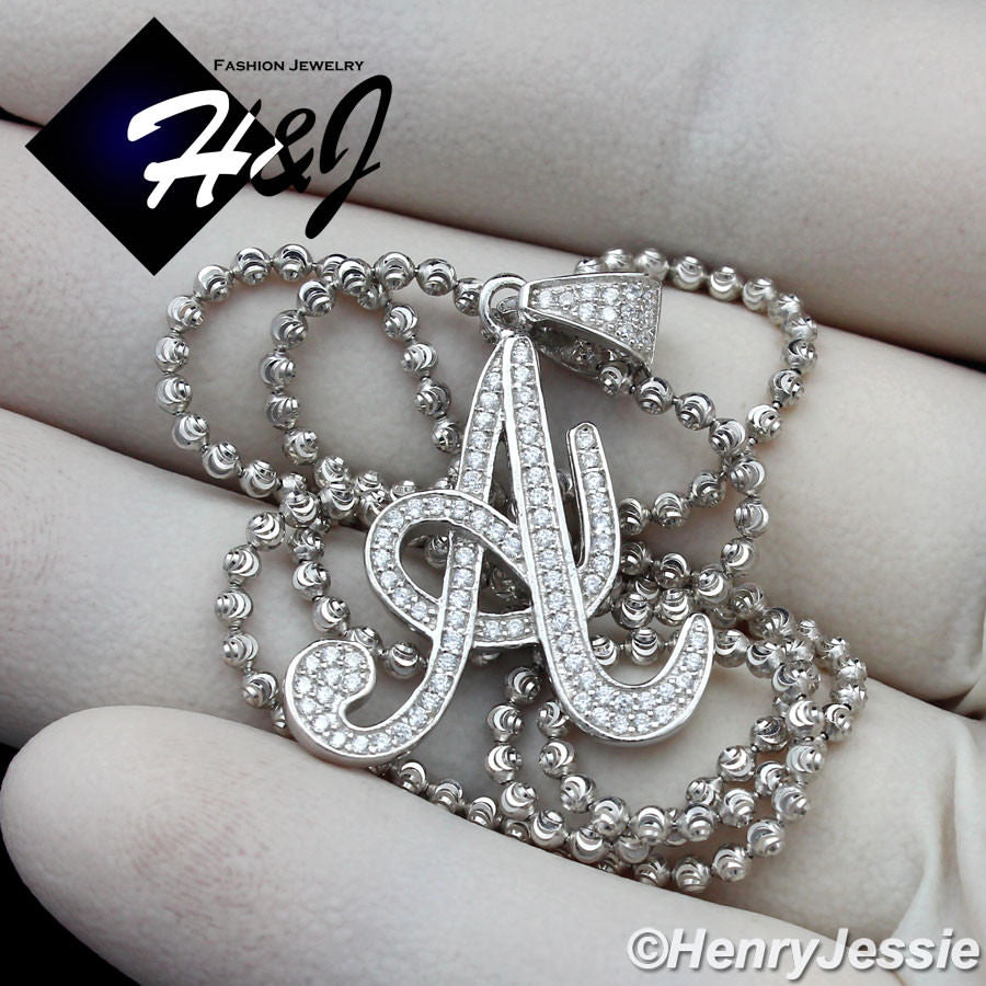 925 Sterling Silver CZ Initial Letter Pendant Necklace Set | Moon Cut Chain | Men & Women | SP175