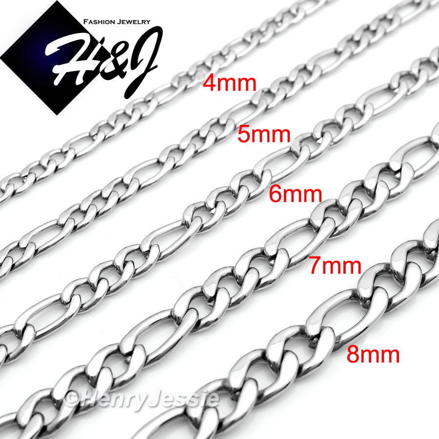 Men's 316L Stainless Steel Silver Figaro Link Chain Bracelet Necklace | 2/3/4/5/6/78mm | 7.5"-40" | N114