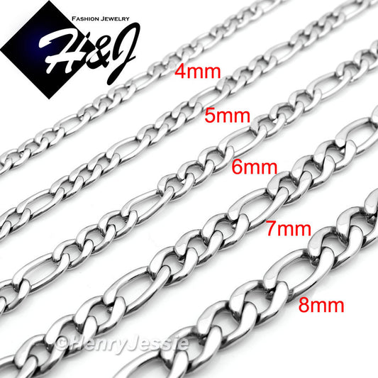 Men's 316L Stainless Steel Silver Figaro Link Chain Bracelet Necklace | 2/3/4/5/6/78mm | 7.5"-40" | N114