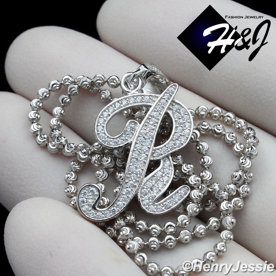 925 Sterling Silver CZ Initial Letter Pendant Necklace Set | Moon Cut Chain | Men & Women | SP175