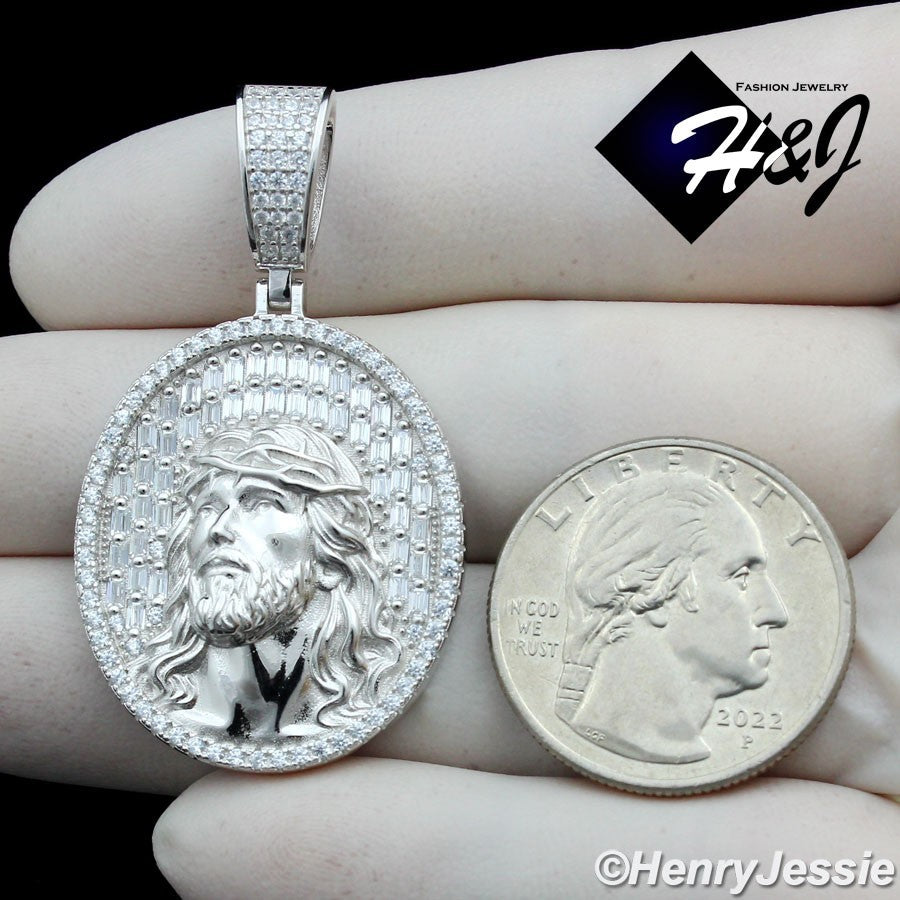 925 Sterling Silver Baguette CZ 3D Jesus Face Oval Pendant | Gold & Silver | P385