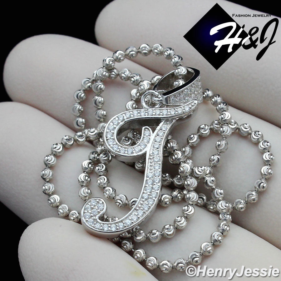 925 Sterling Silver CZ Initial Letter Pendant Necklace Set | Moon Cut Chain | Men & Women | SP175