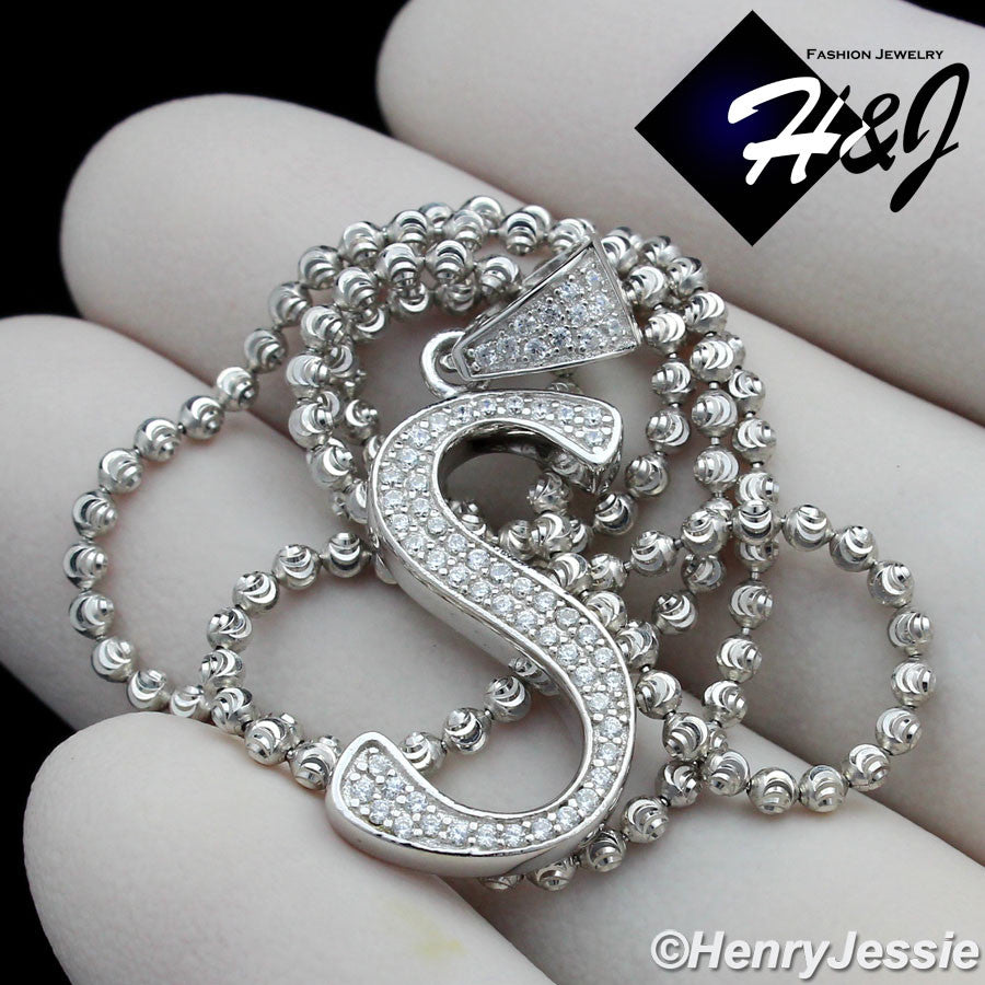 925 Sterling Silver CZ Initial Letter Pendant Necklace Set | Moon Cut Chain | Men & Women | SP175